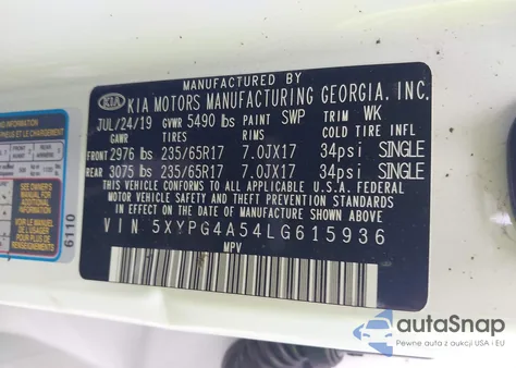 2020 Kia Sorento 3.3L Lx из США, поврежденный, VIN 5XYPG4A54LG615936